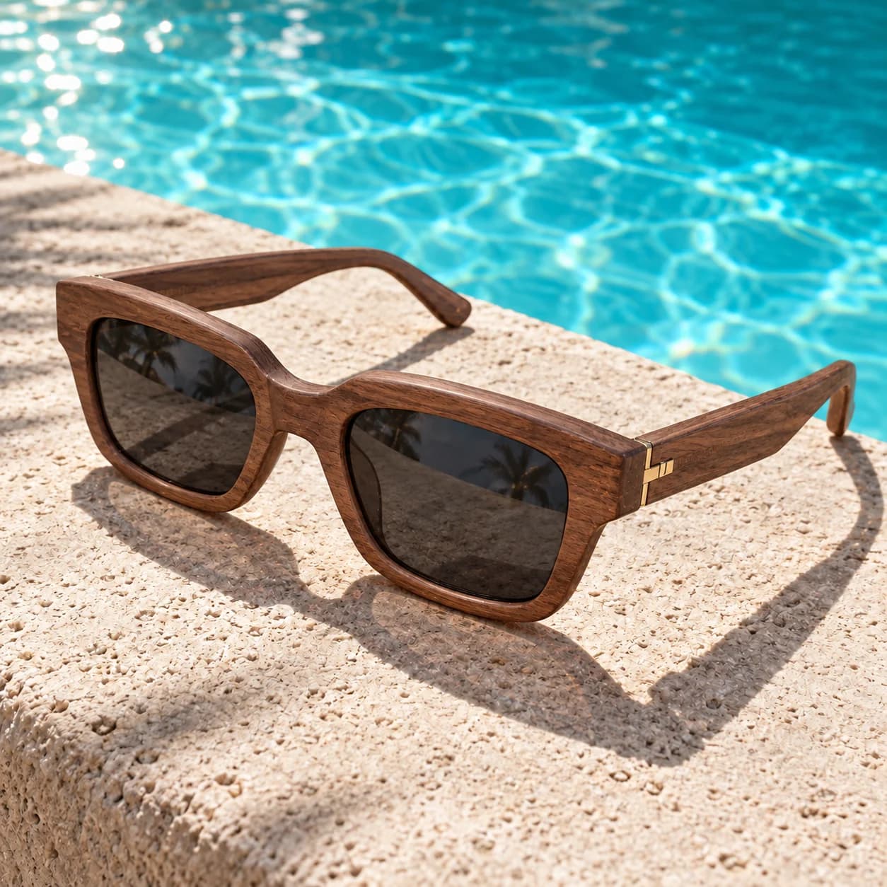 Walnut wood sunglasses with gold hardware beside a turquoise pool