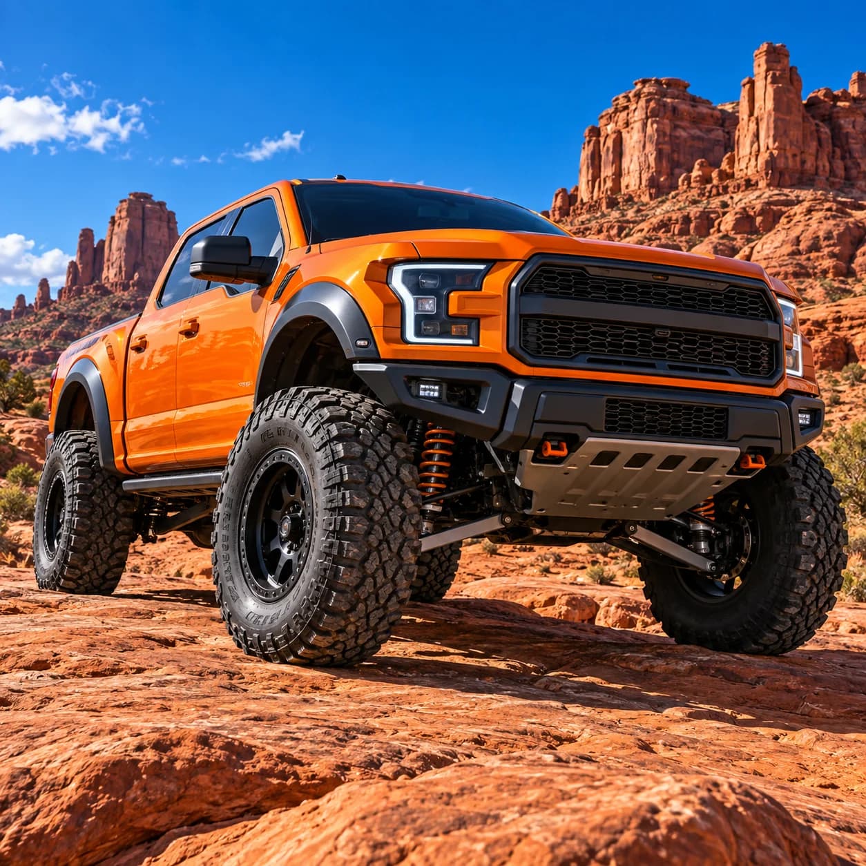 Lifted orange off-road pickup on red desert rock