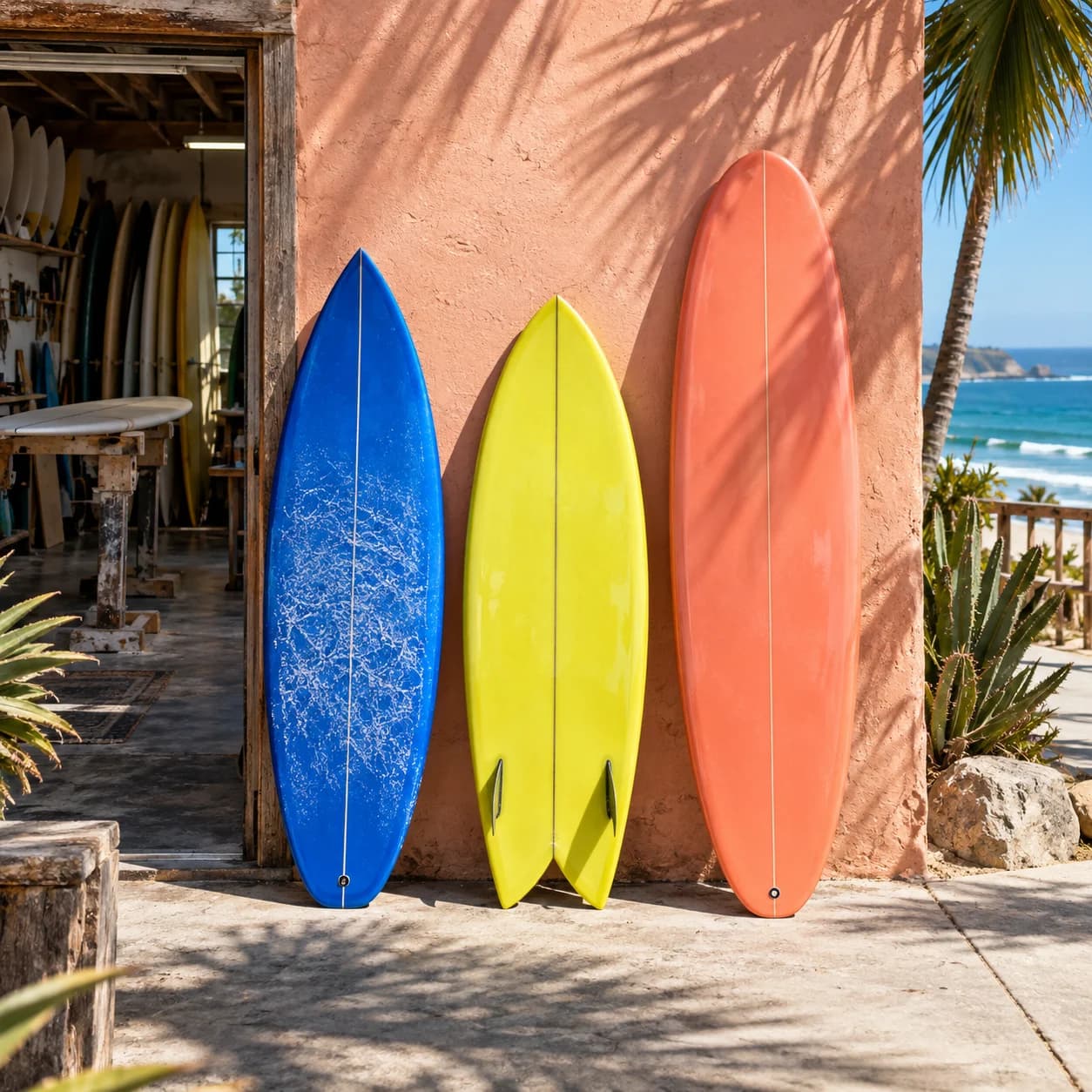 Cobalt, yellow and coral surfboards outside a coastal surf shop